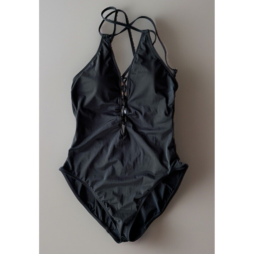 LAUREN Lauren Ralph Sz 6 Black Beach High Neck One Piece Swimsuit Lined Preppy
